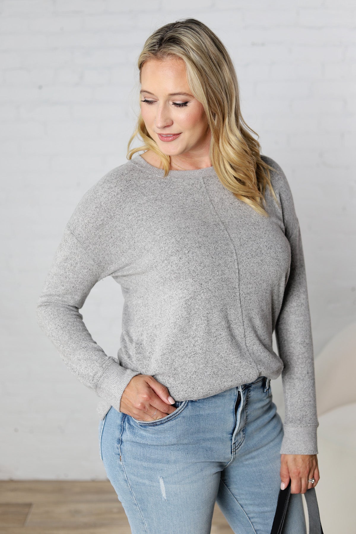 Saffron Hacci Brushed Knit Top - Charcoal