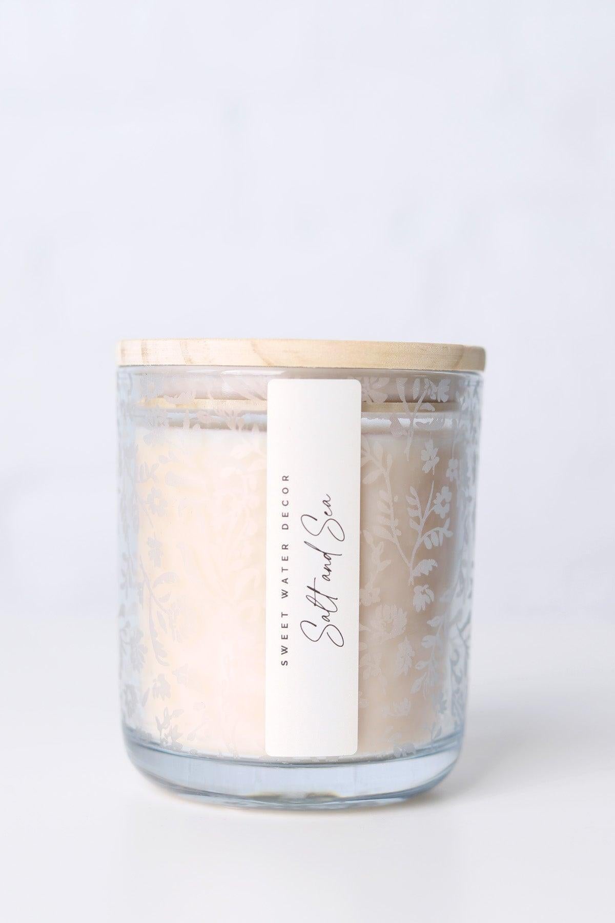 Salt and Sea 12 oz Soy Candle - Blue Floral Tinted Jar