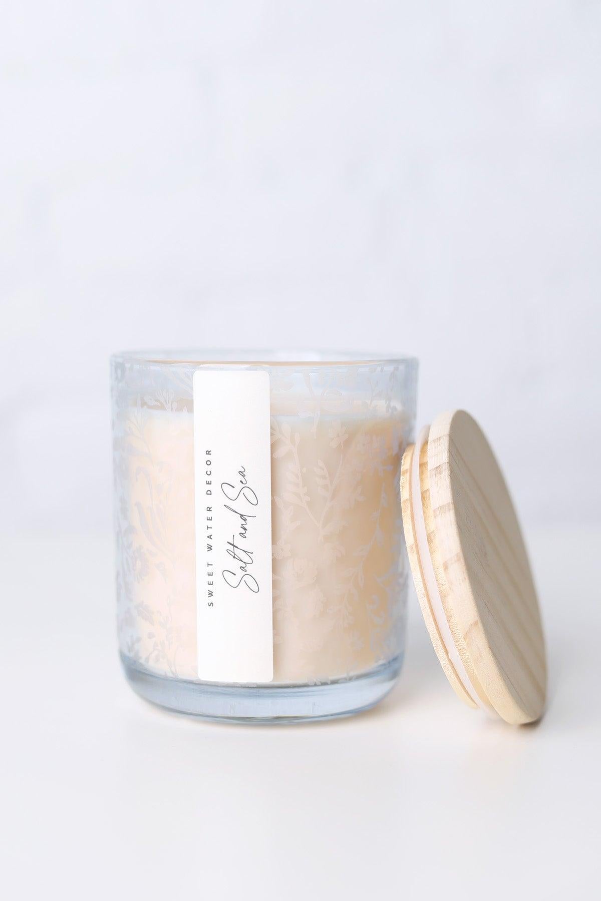 Salt and Sea 12 oz Soy Candle - Blue Floral Tinted Jar