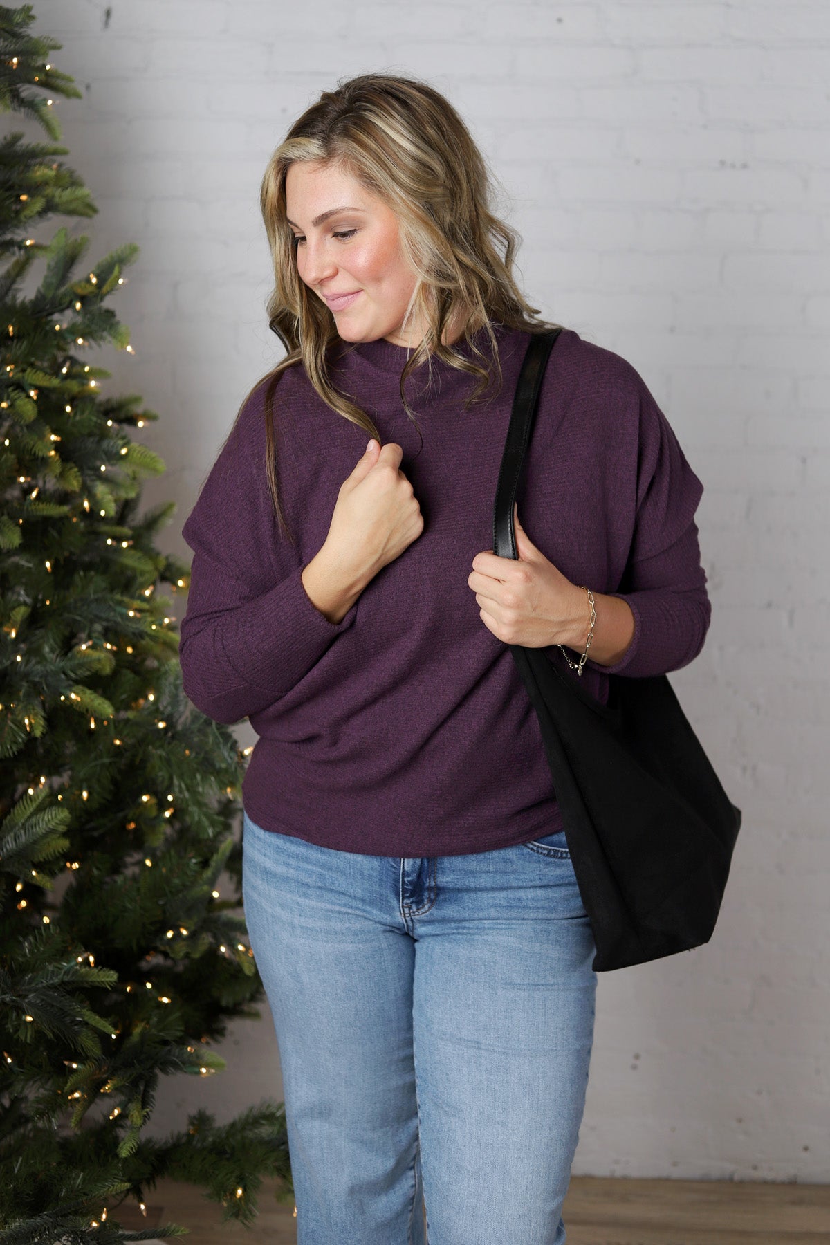 Saryn Ribbed Dolman Sleeve Brushed Knit Top - Eggplant