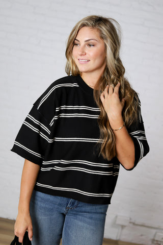 Sasha Striped Knit S/S Sweater - Black/Cream