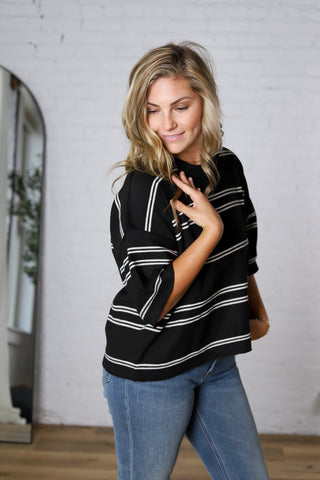 Sasha Striped Knit S/S Sweater - Black/Cream