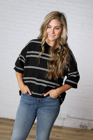 Sasha Striped Knit S/S Sweater - Black/Cream