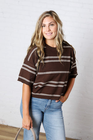 Sasha Striped Knit S/S Sweater - Chocolate/Cream