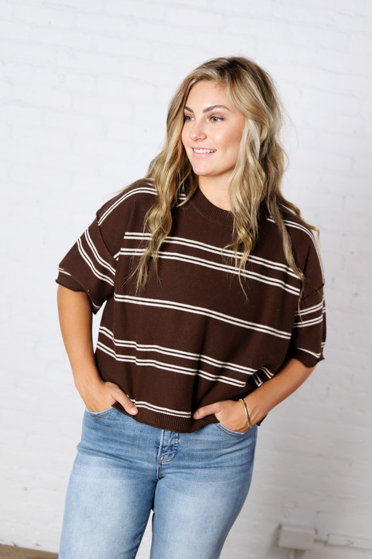 Sasha Striped Knit S/S Sweater - Chocolate/Cream