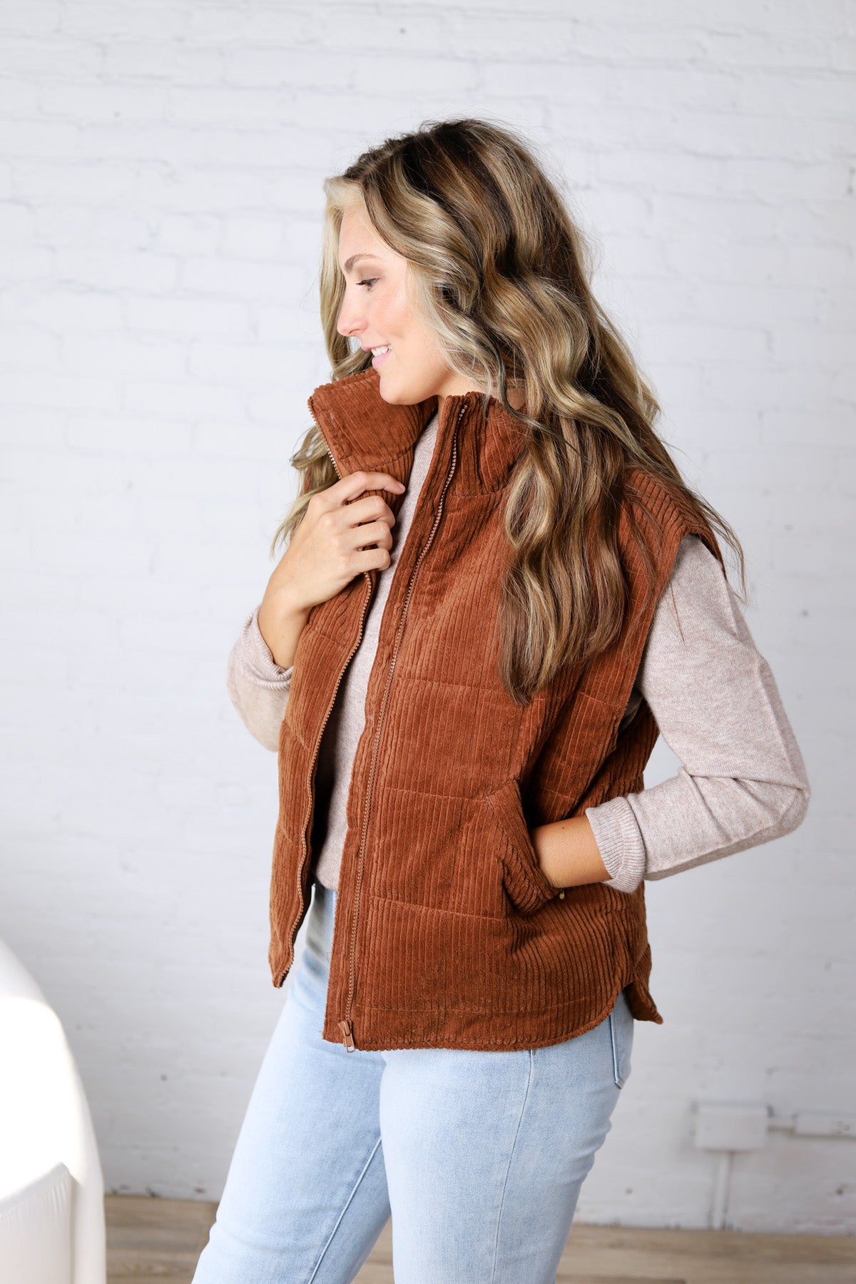 Saylor Quilted Corduroy Puffer Vest - Camel - FINAL SALE