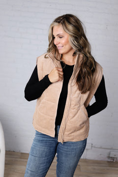 Saylor Quilted Corduroy Puffer Vest - Latte