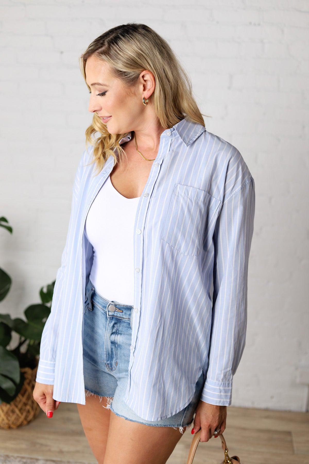 Selene Pinstripe Top - Dusty Blue