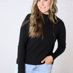 Selyn Ribbed Trim Mock Neck Top - Black