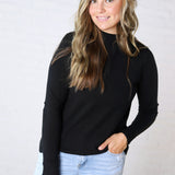 Selyn Ribbed Trim Mock Neck Top - Black