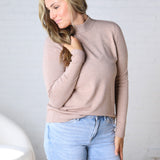 Selyn Ribbed Trim Mock Neck Top - Latte