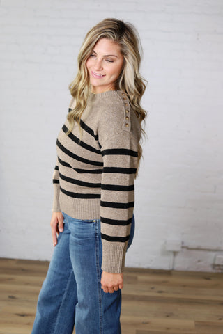 Sena Striped Button Detail Sweater - Dark Taupe/Black