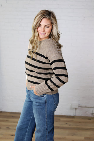 Sena Striped Button Detail Sweater - Dark Taupe/Black