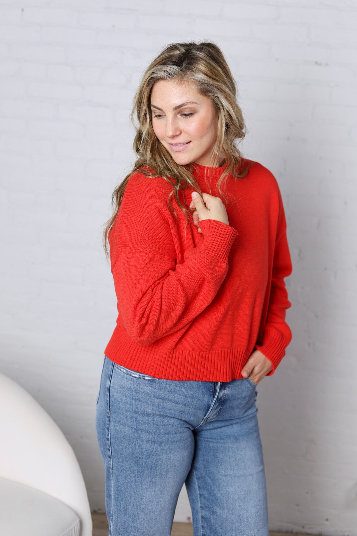 Siena Basic Relaxed Crop Sweater Top - Cherry