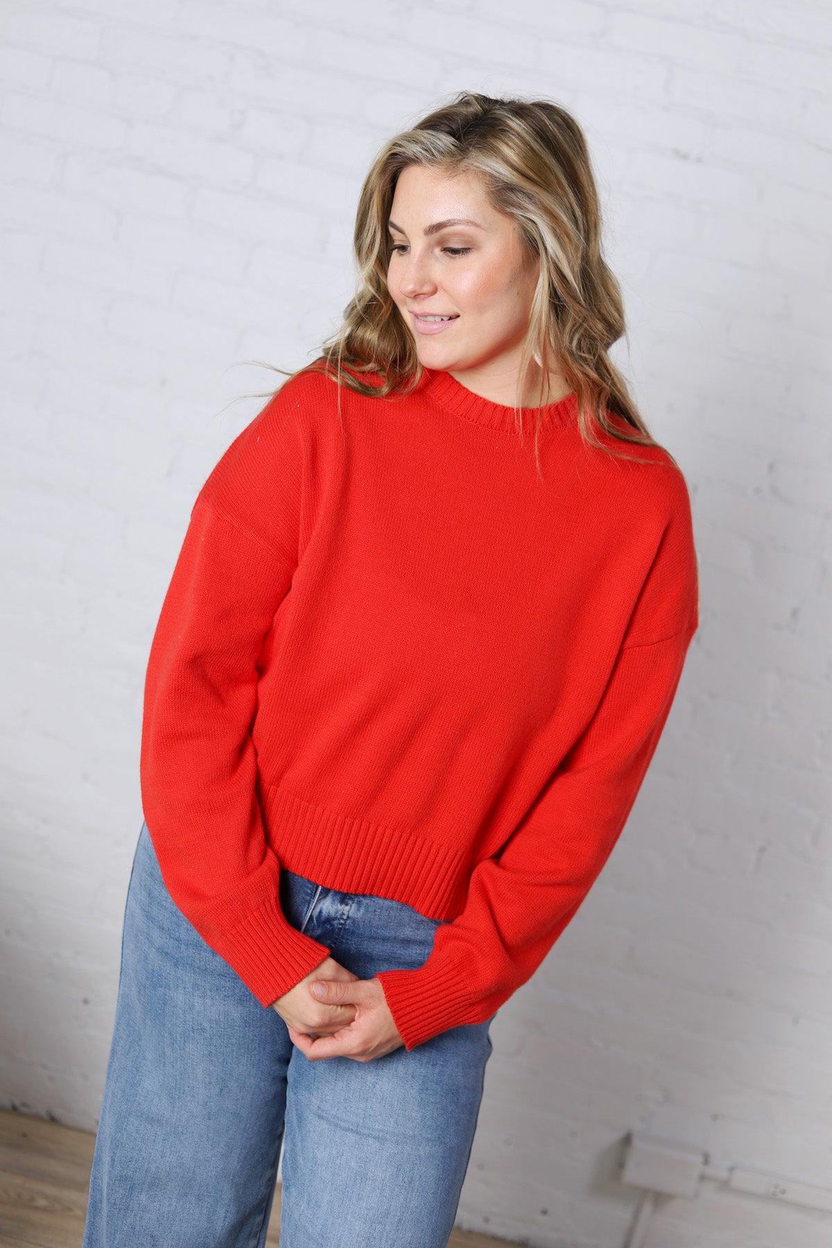 Siena Basic Relaxed Crop Sweater Top - Cherry