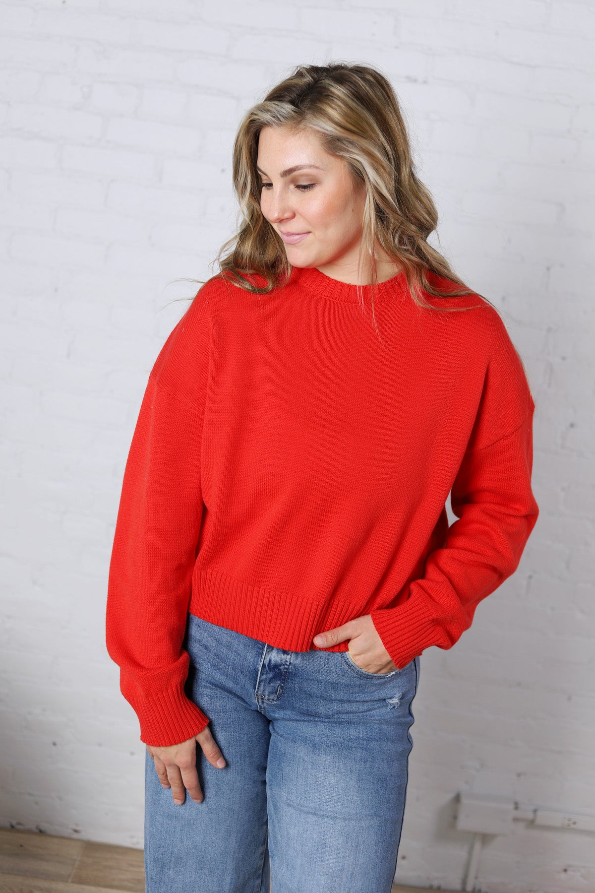 Siena Basic Relaxed Crop Sweater Top - Cherry