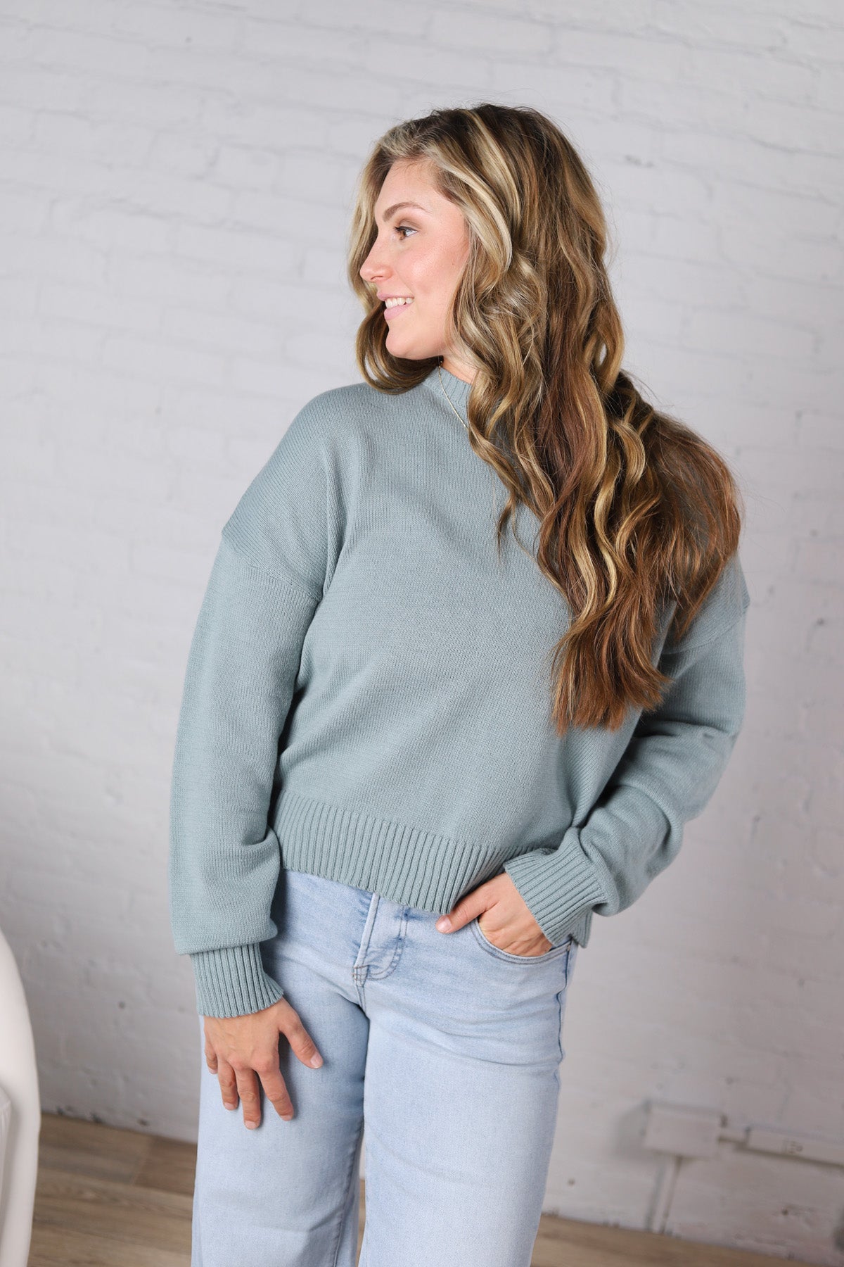 Siena Basic Relaxed Crop Sweater Top - Mint