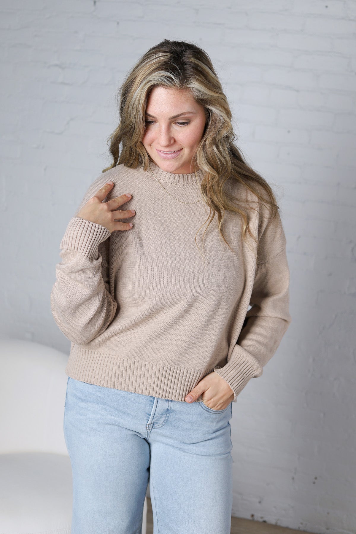Siena Basic Relaxed Crop Sweater Top - Taupe