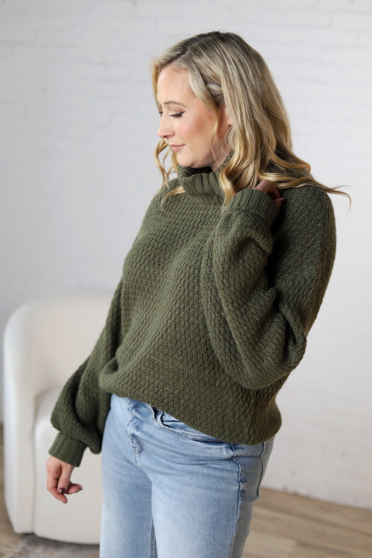 Sienne Textured Turtleneck Sweater - Olive