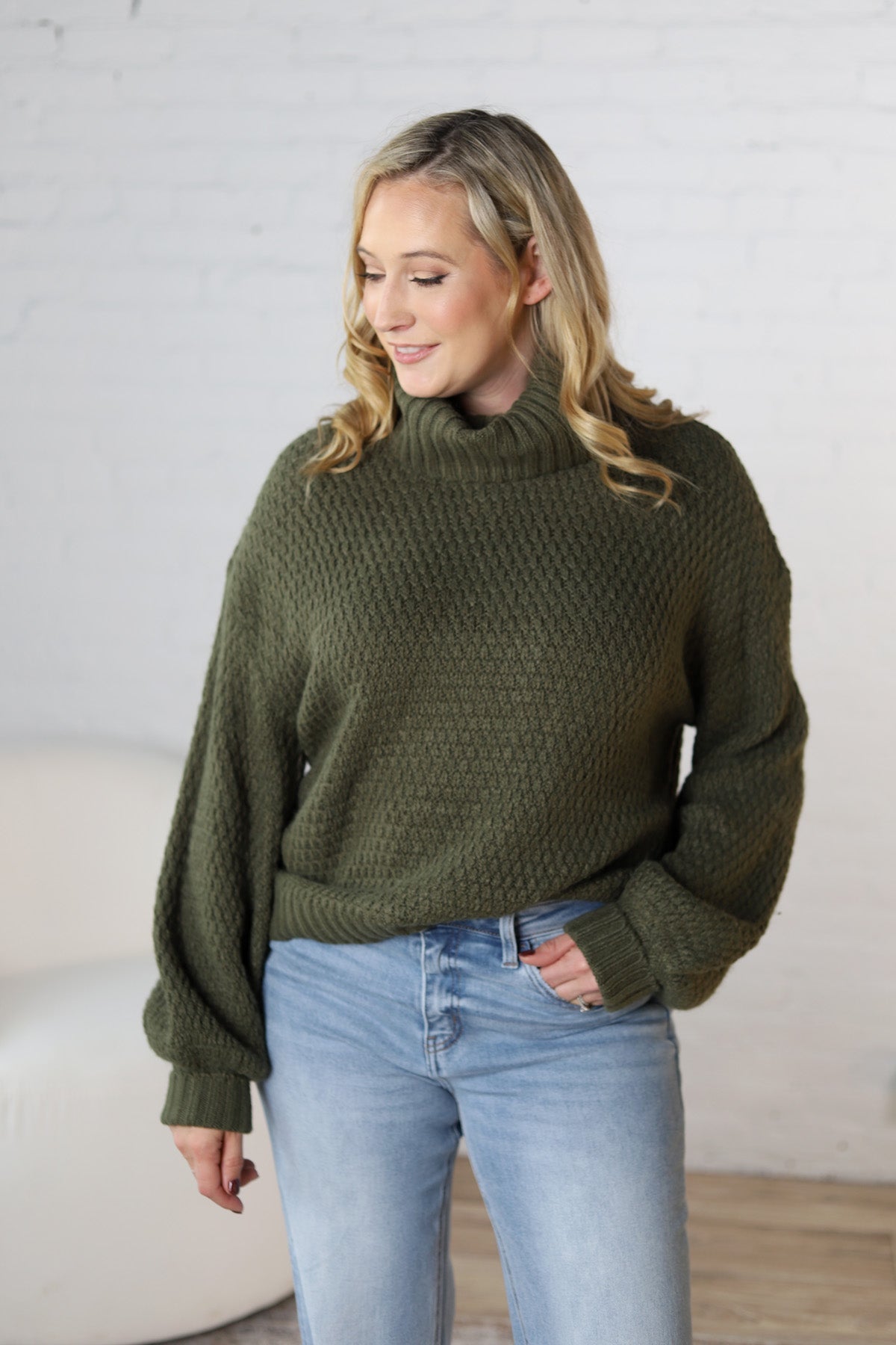 Sienne Textured Turtleneck Sweater - Olive