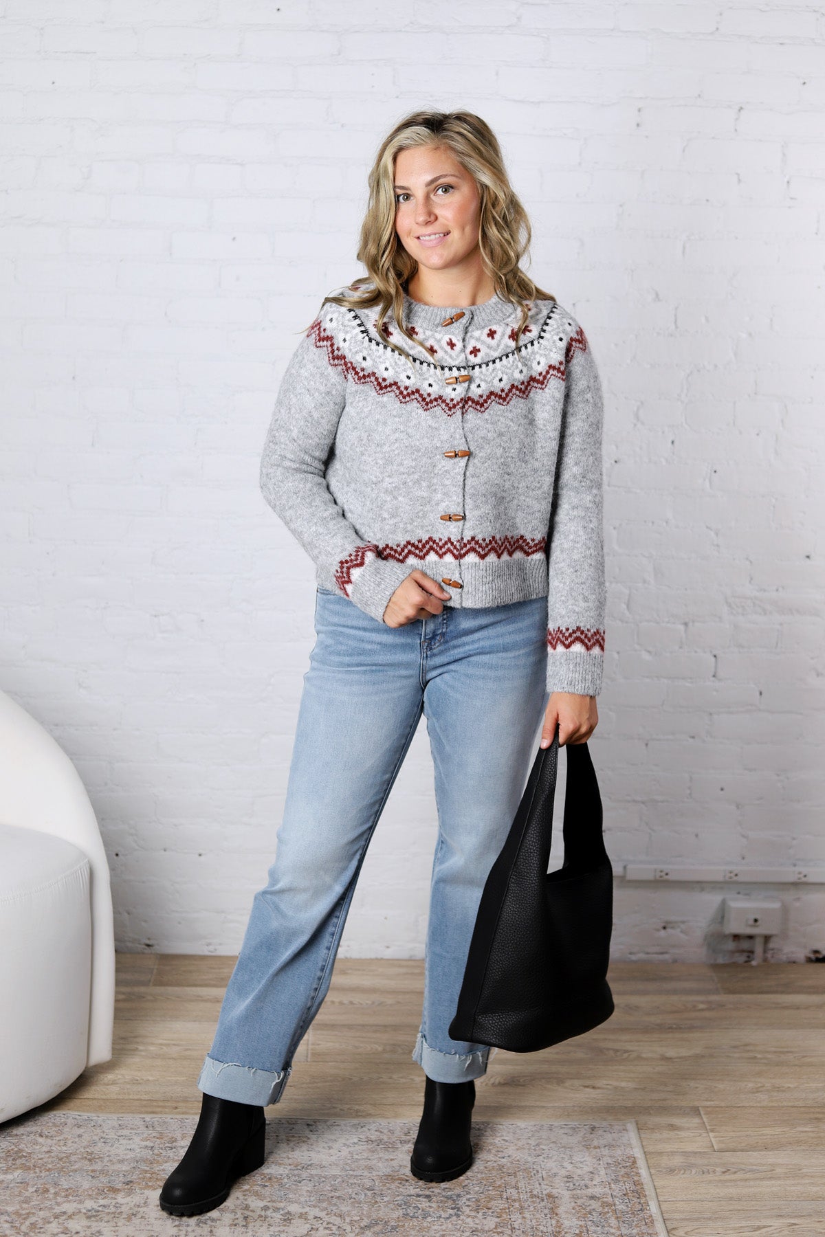 Signe Fair Isle Toggle Button Knit Cardigan - Grey
