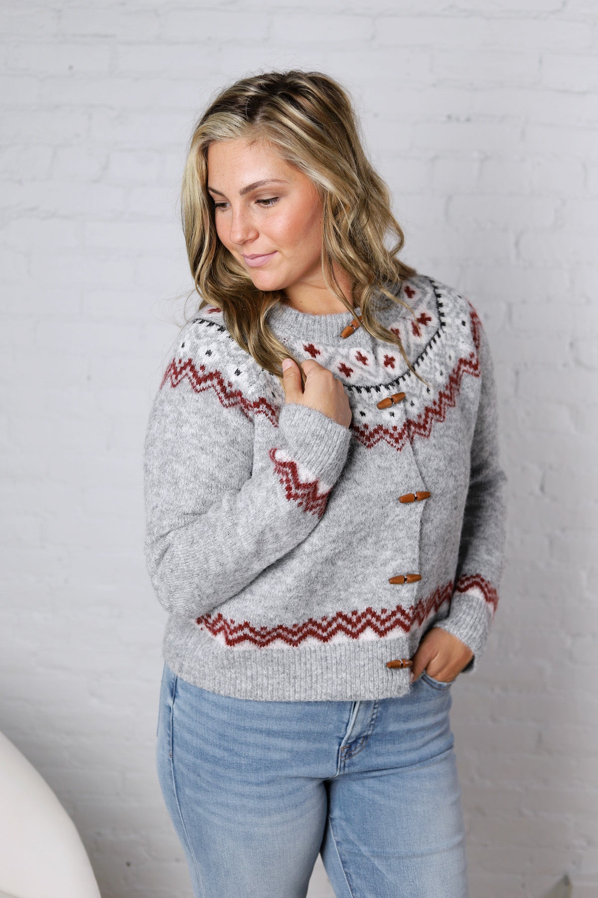 Signe Fair Isle Toggle Button Knit Cardigan - Grey
