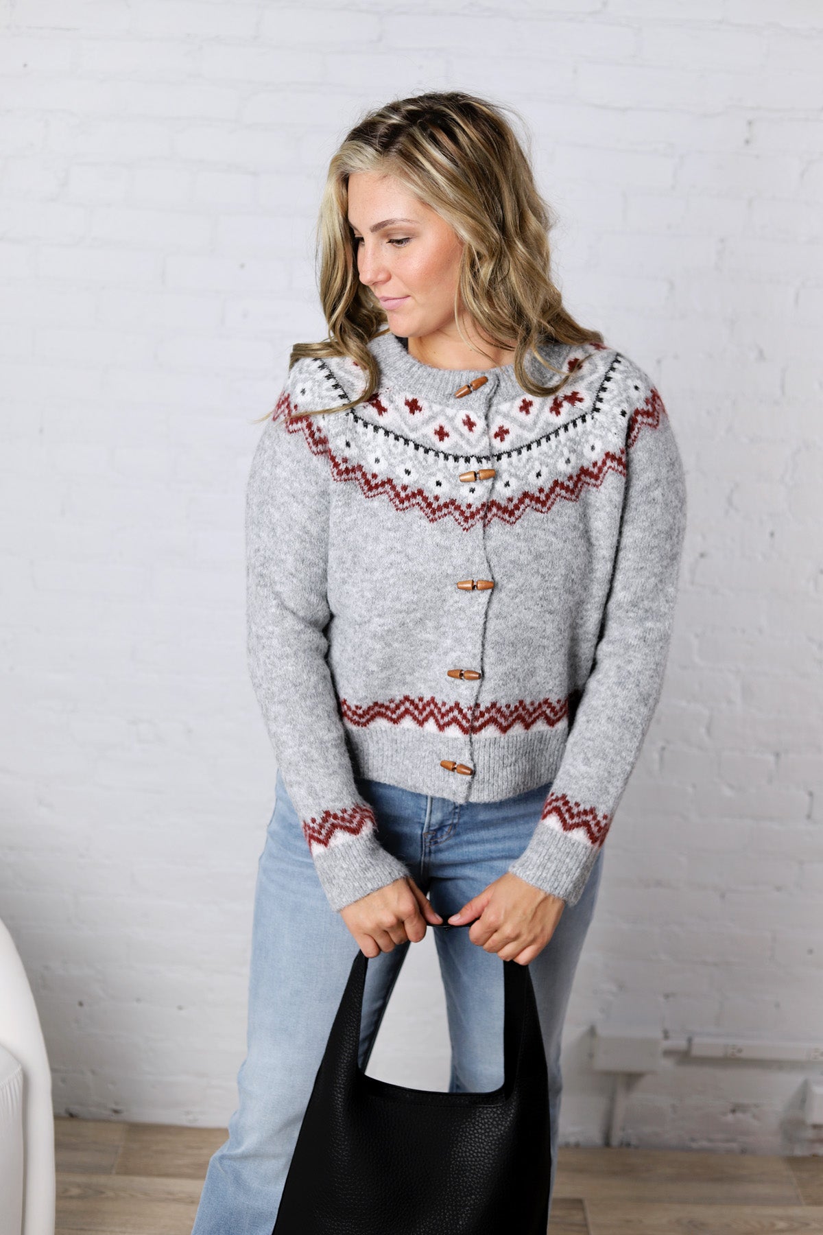 Signe Fair Isle Toggle Button Knit Cardigan - Grey