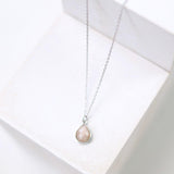 Silver Plated Teardrop Gemstone Necklace - Peach Moonstone