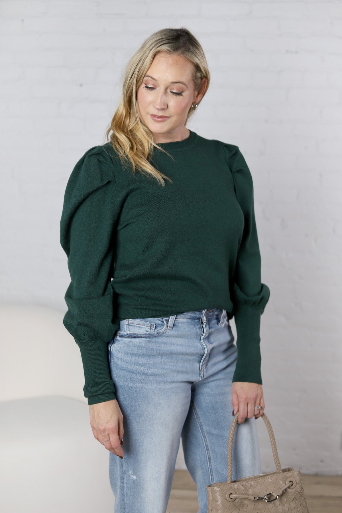 Sloane Bubble Sleeved Sweater Top - Hunter Green