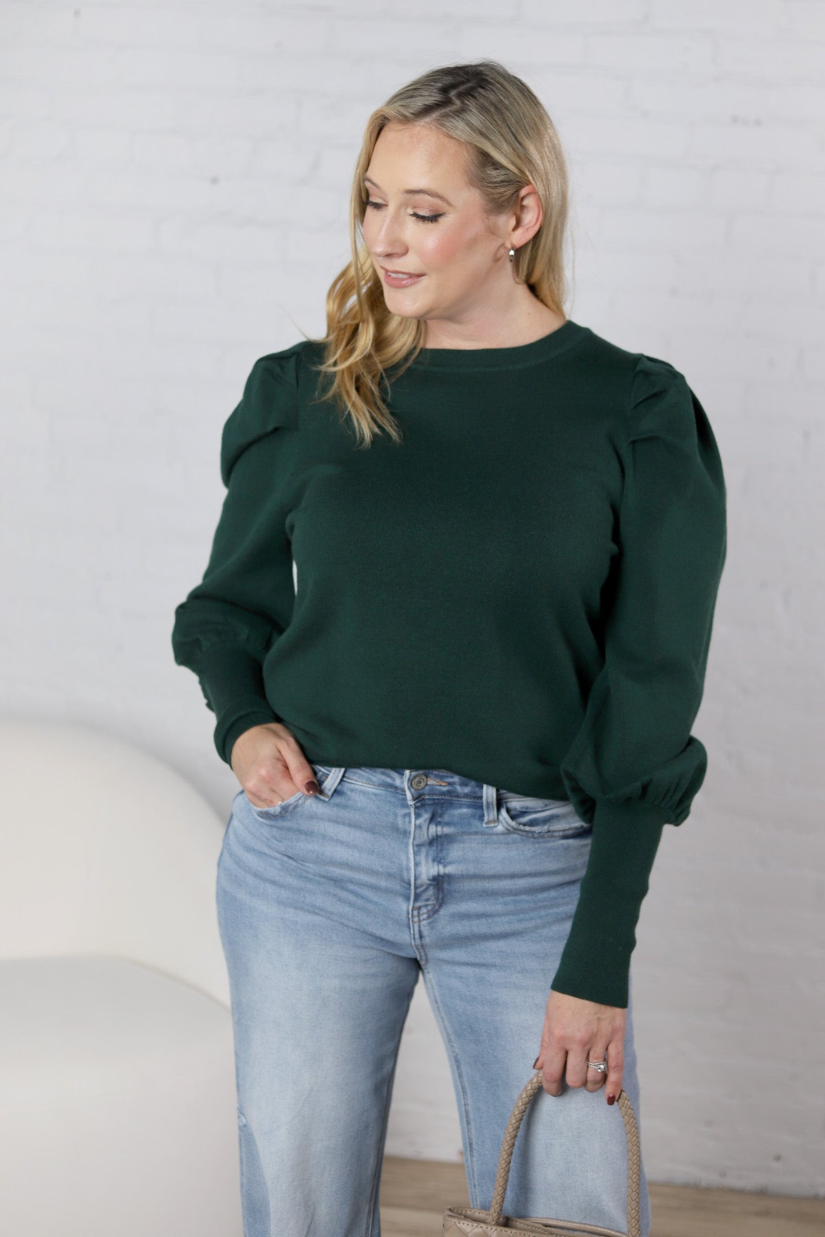 Sloane Bubble Sleeved Sweater Top - Hunter Green - FINAL SALE