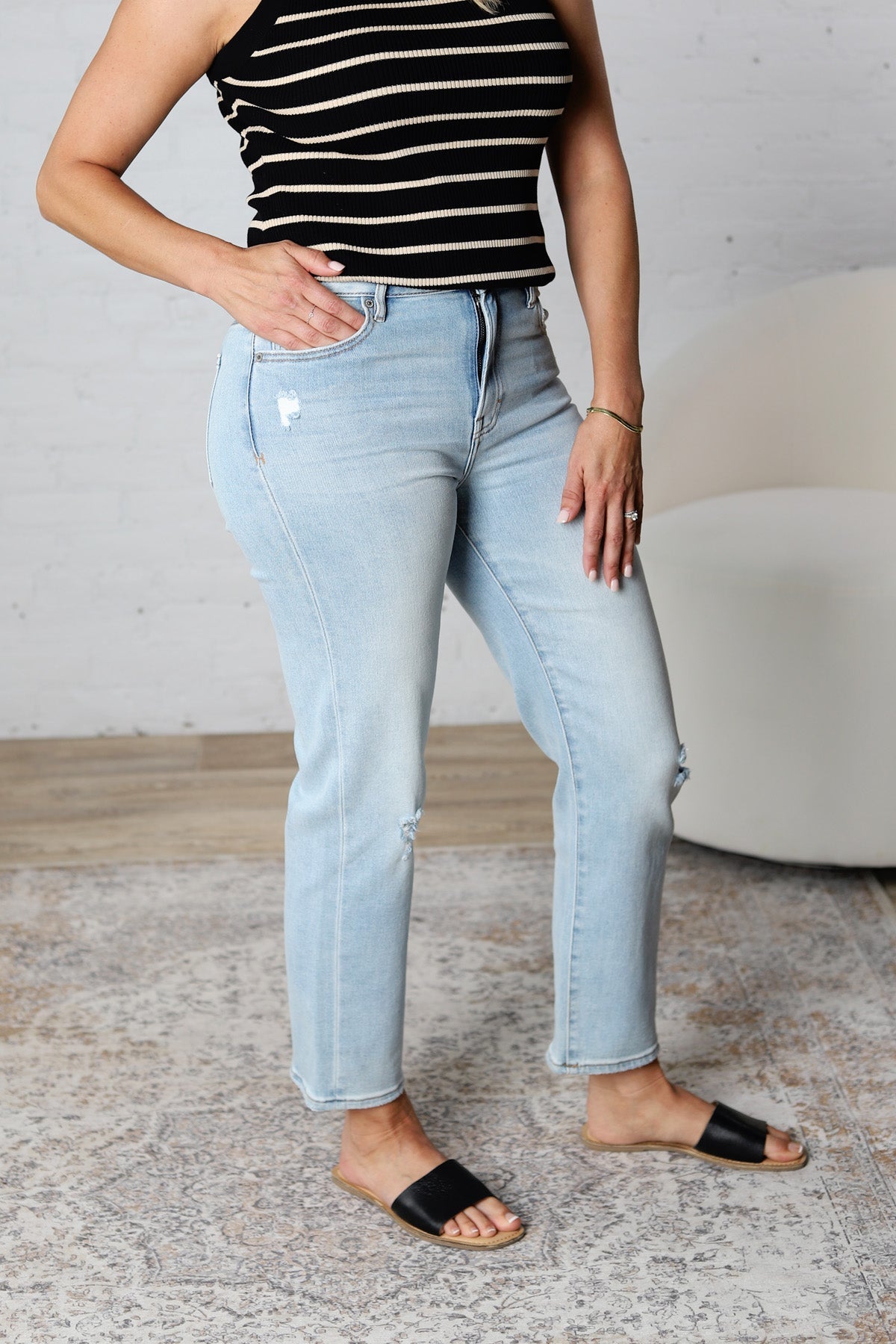 Sofie Distressed High Rise Straight Denim - Light Wash