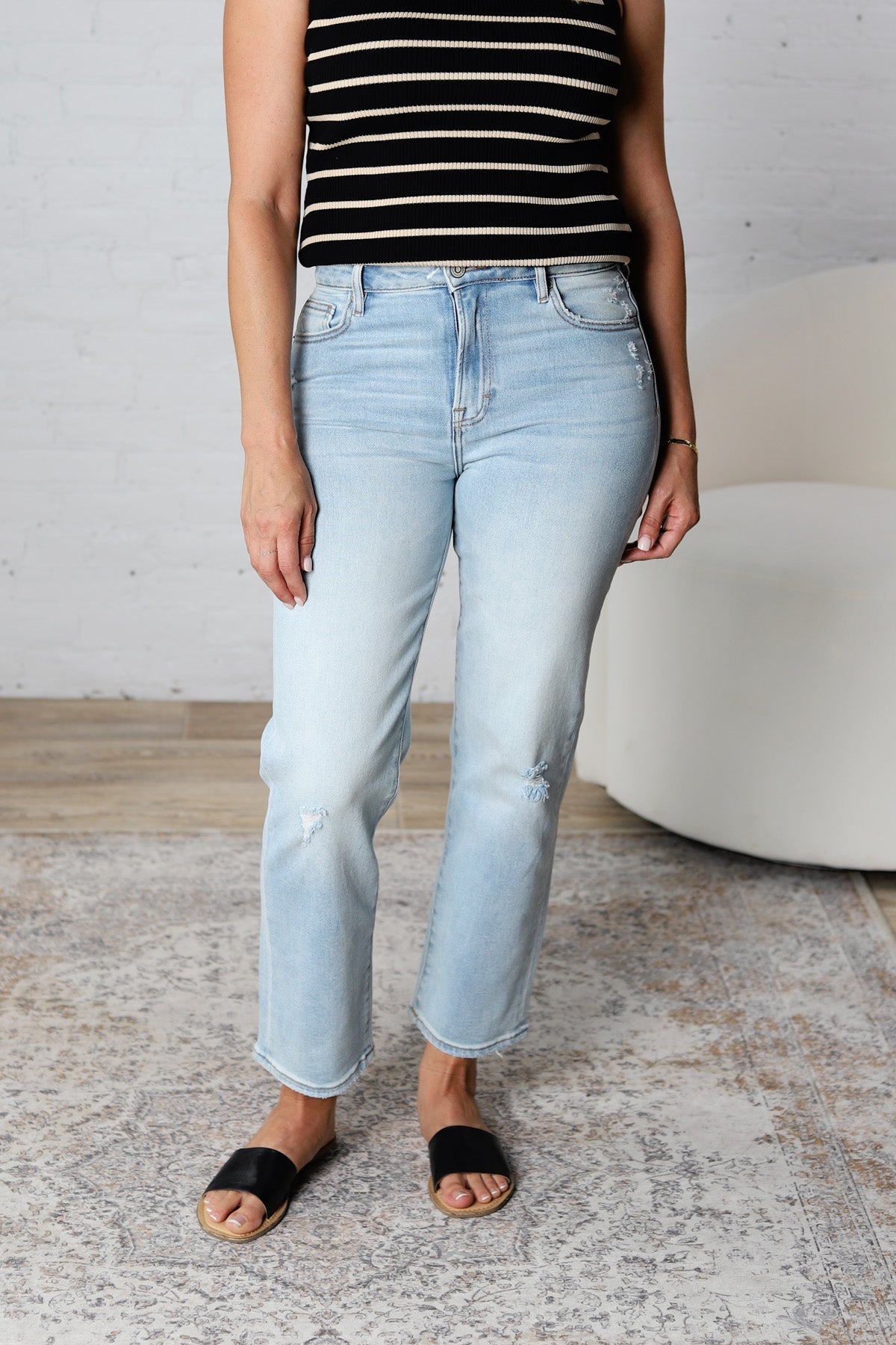 Sofie Distressed High Rise Straight Denim - Light Wash