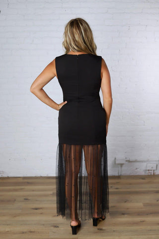 Sofie Sheer Pearl Mesh Overlay Maxi Dress - Black