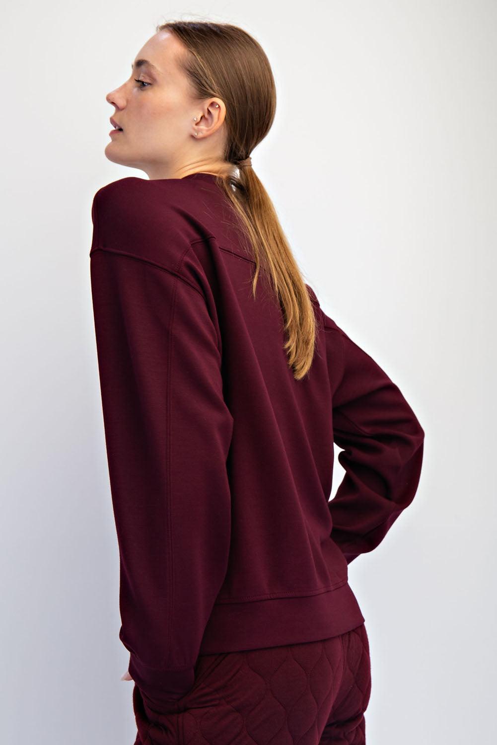 Sonja Scuba Mock Neck Pullover - Dark Cherry