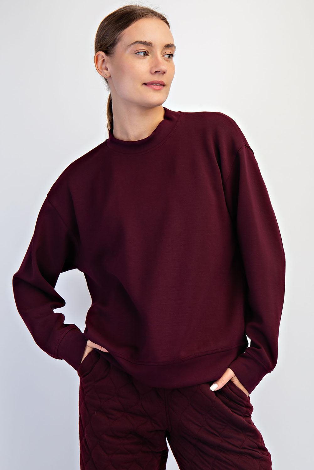 Sonja Scuba Mock Neck Pullover - Dark Cherry