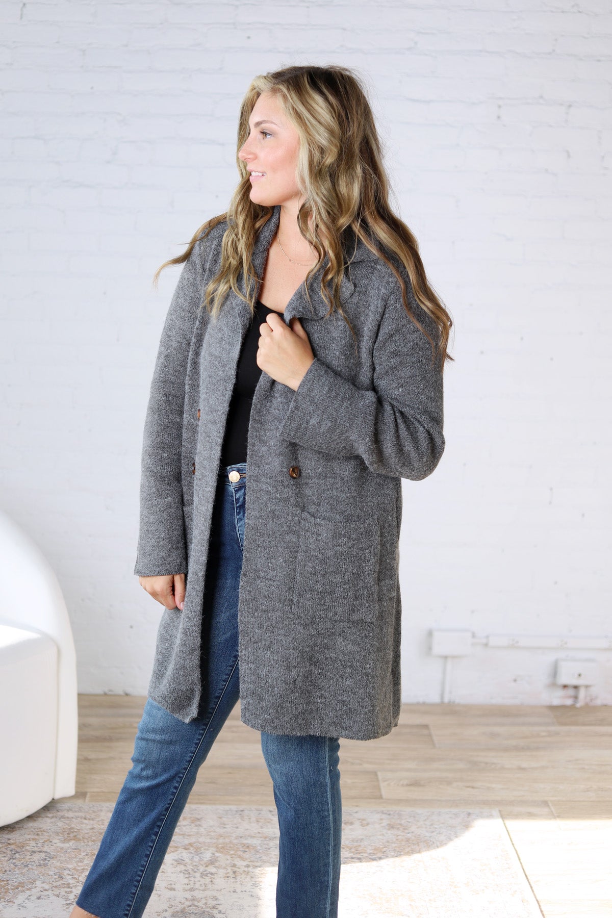 Soren Open Basic Sweater Coat - Charcoal