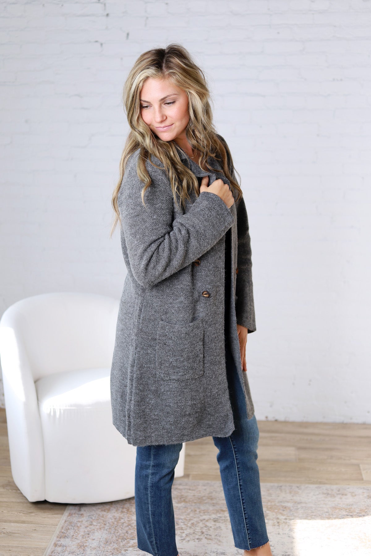 Soren Open Basic Sweater Coat - Charcoal