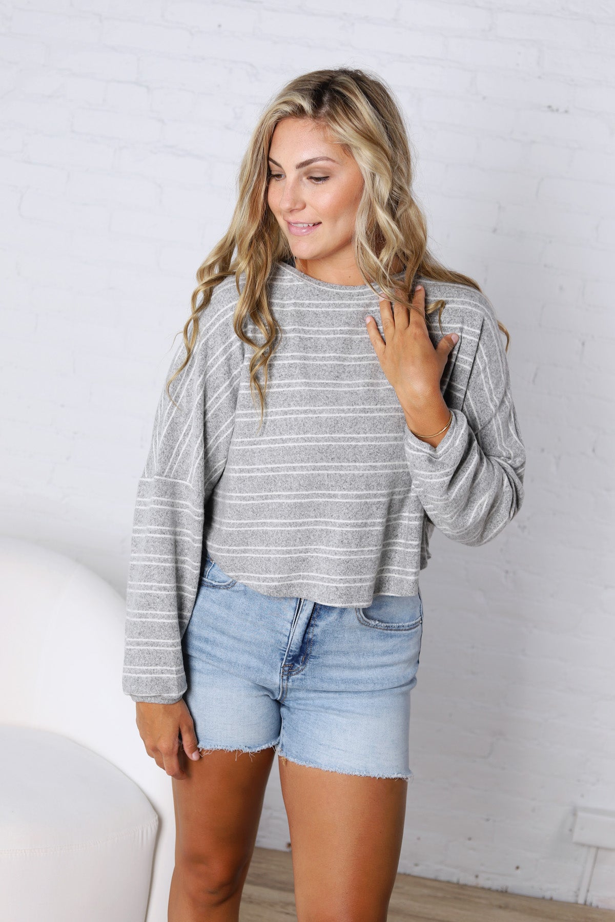Stevie Striped Brushed Knit Pullover Top - H. Grey