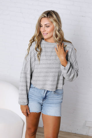 Stevie Striped Brushed Knit Pullover Top - H. Grey