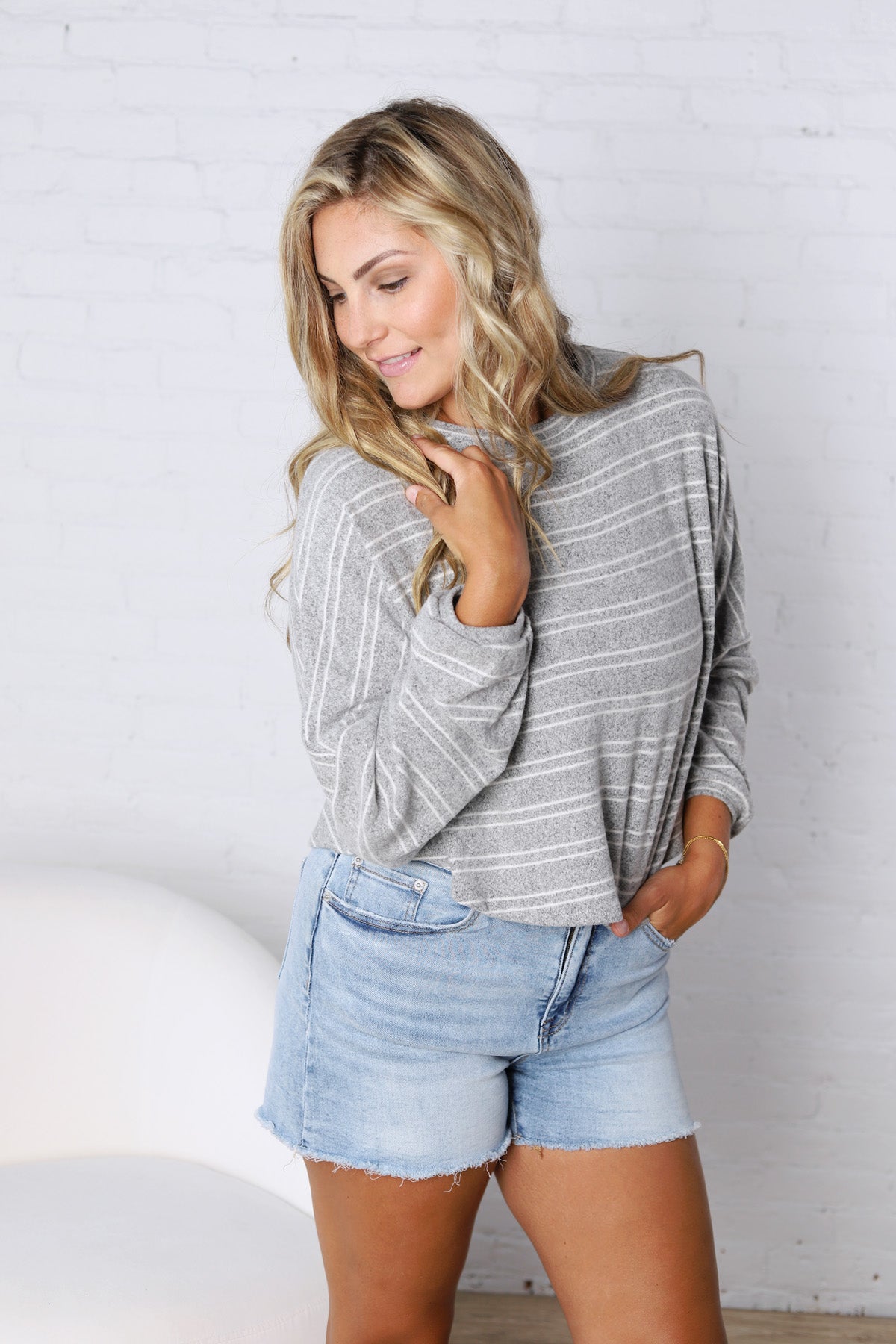 Stevie Striped Brushed Knit Pullover Top - H. Grey