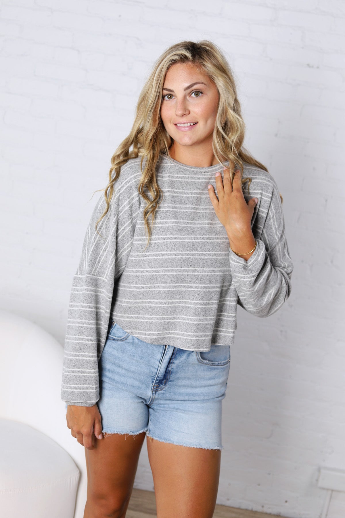 Stevie Striped Brushed Knit Pullover Top - H. Grey