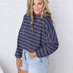 Stevie Striped Brushed Knit Pullover Top - Navy
