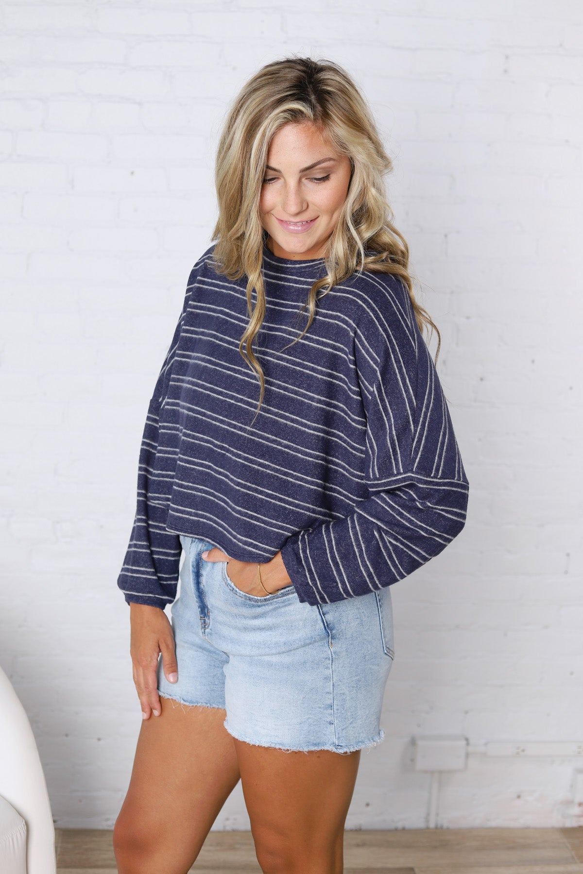 Stevie Striped Brushed Knit Pullover Top - Navy
