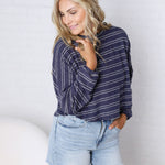 Stevie Striped Brushed Knit Pullover Top - Navy