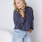 Stevie Striped Brushed Knit Pullover Top - Navy