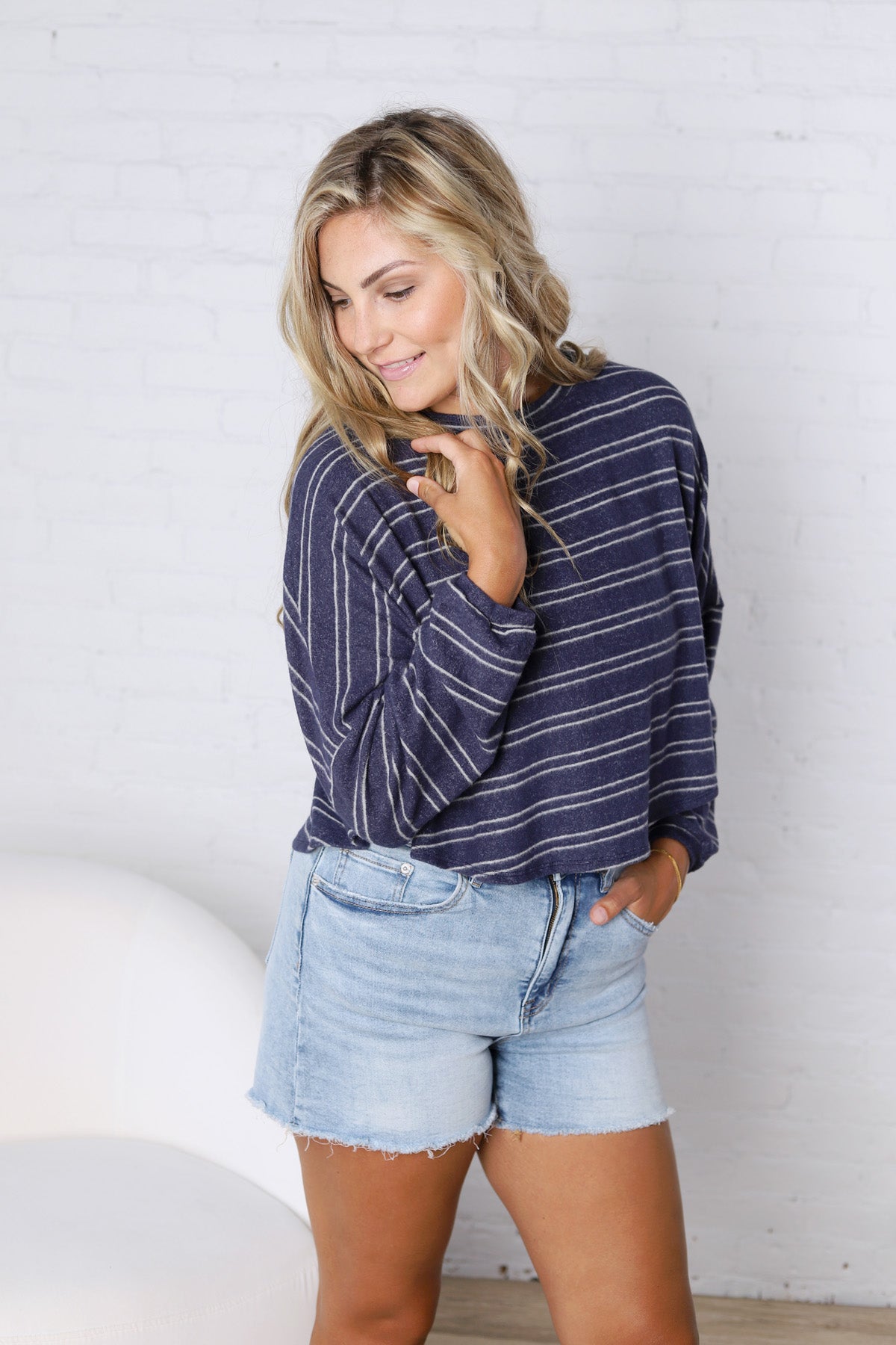 Stevie Striped Brushed Knit Pullover Top - Navy