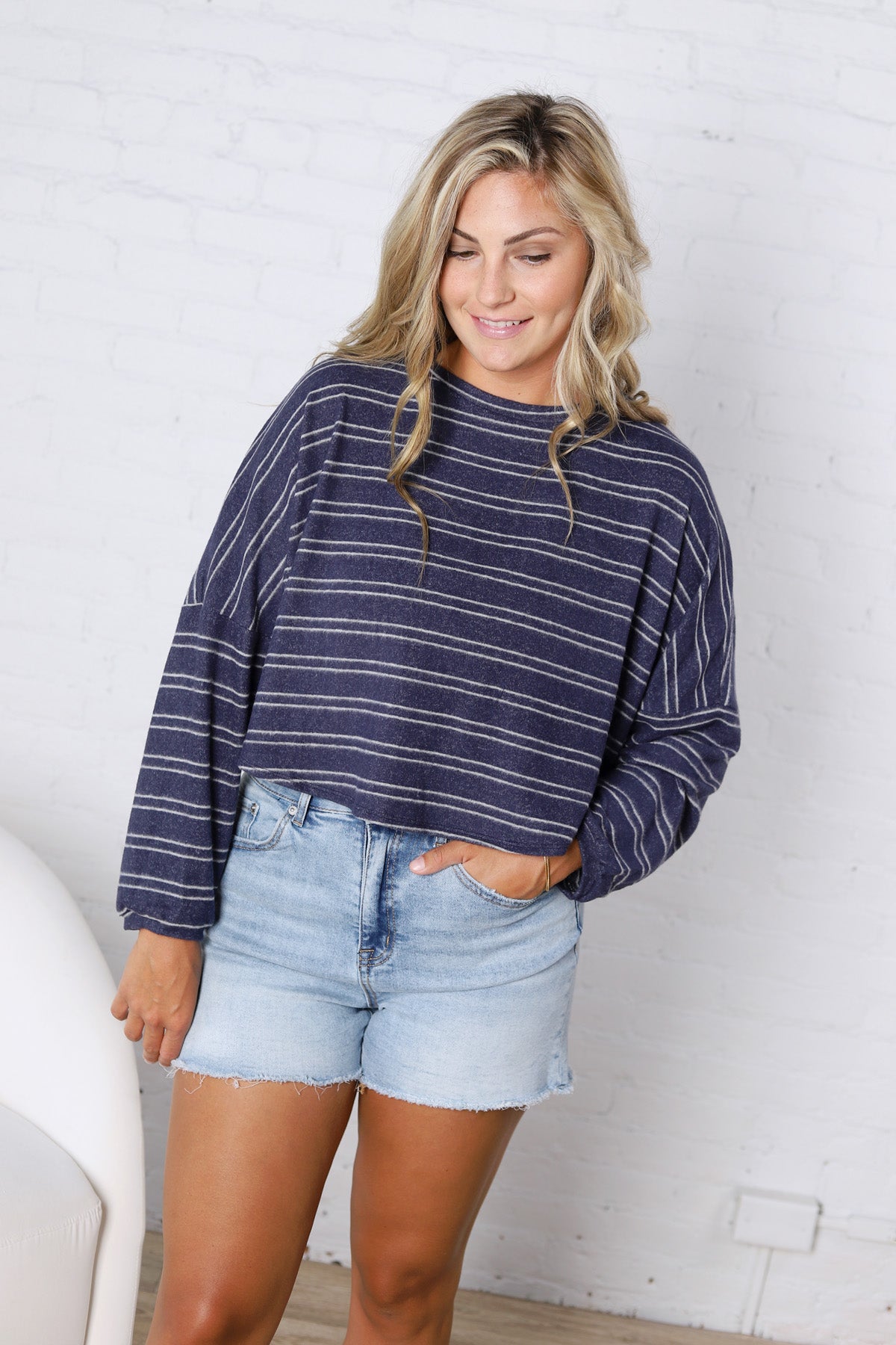 Stevie Striped Brushed Knit Pullover Top - Navy