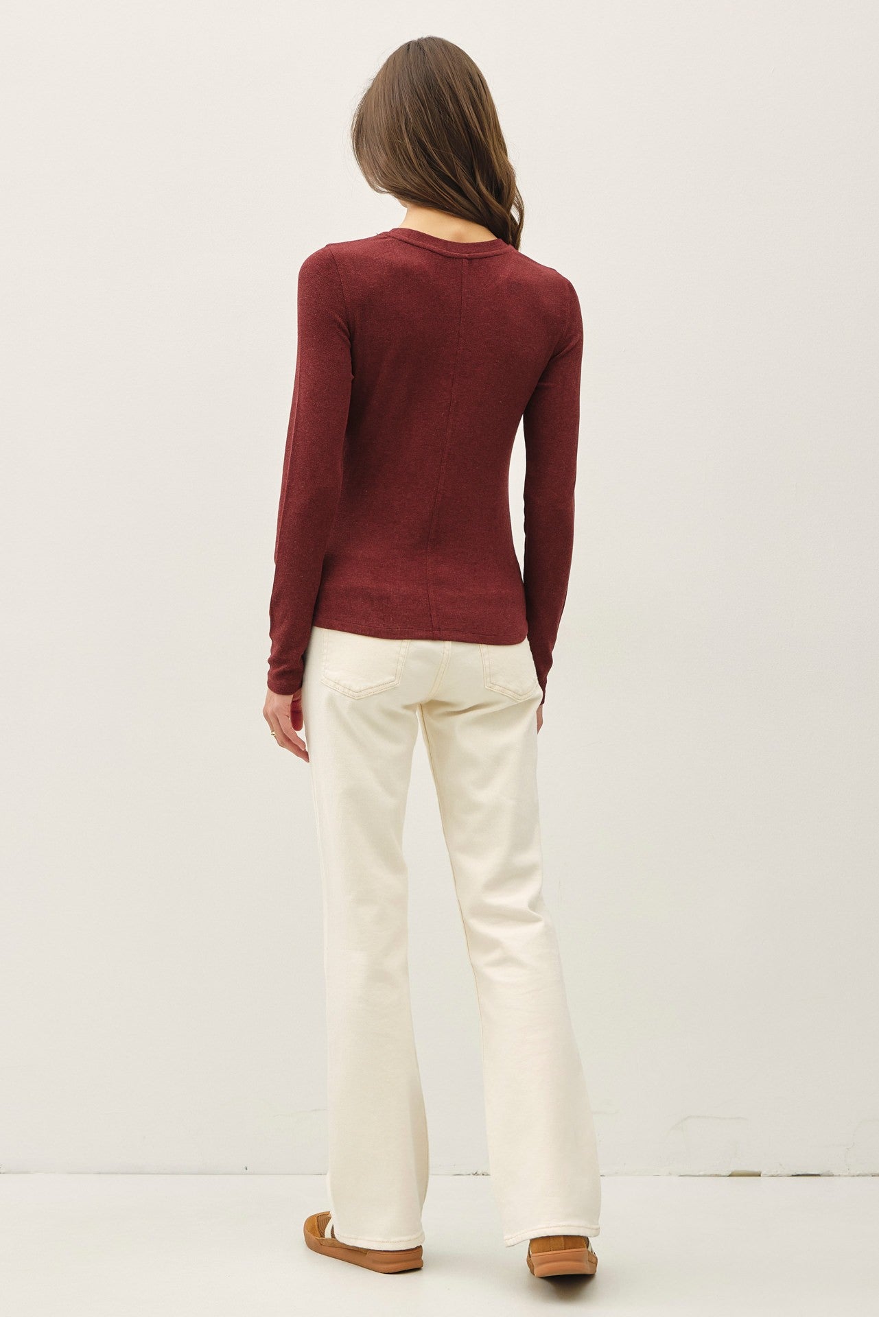 Sylvia Ribbed Crewneck Basic Top - Burgundy