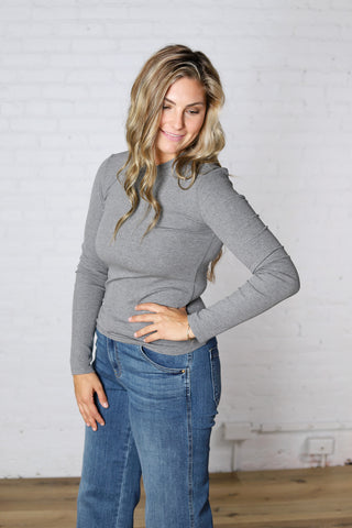 Sylvia Ribbed Crewneck Basic Top - Grey