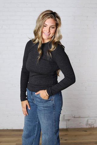 Sylvia Ribbed Crewneck Basic Top - H. Charcoal